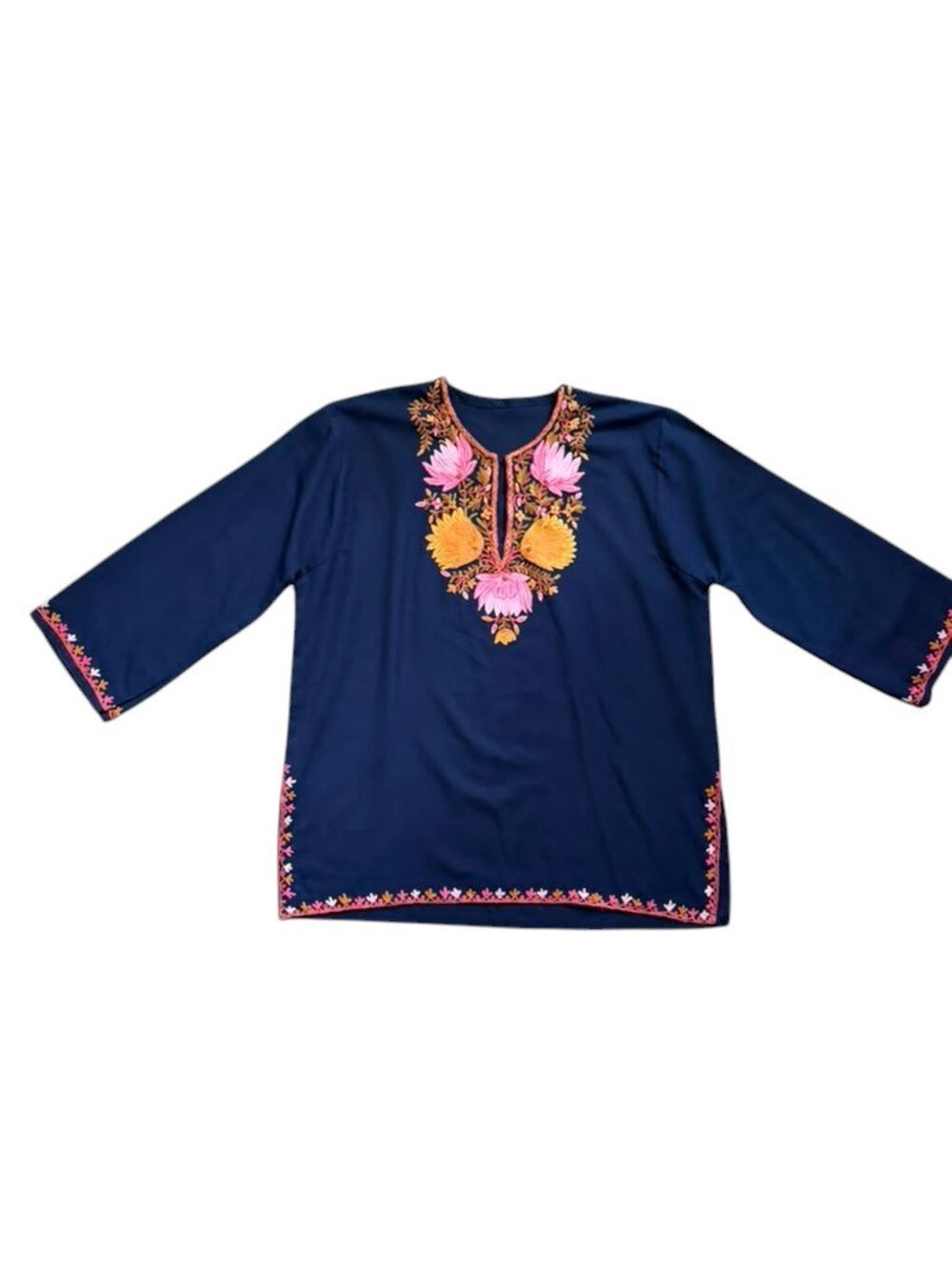 Women’s Navy Blue Embroidered Floral Boho Tunic Blouse 3/4 Sleeve Unbranded.